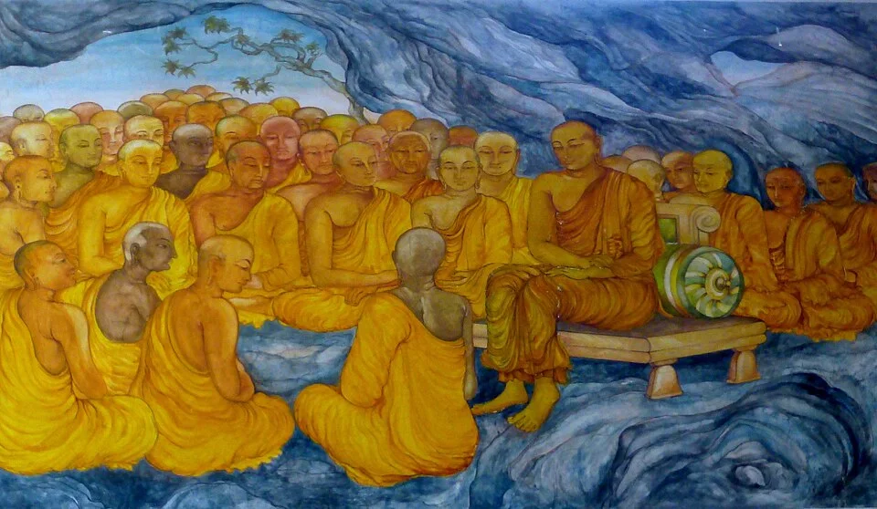 Mural depicting the First Buddhist Council at Rajagaha, Nava Jetavana temple, Shravasti; photograph by Anandajoti, CC BY 2.0.