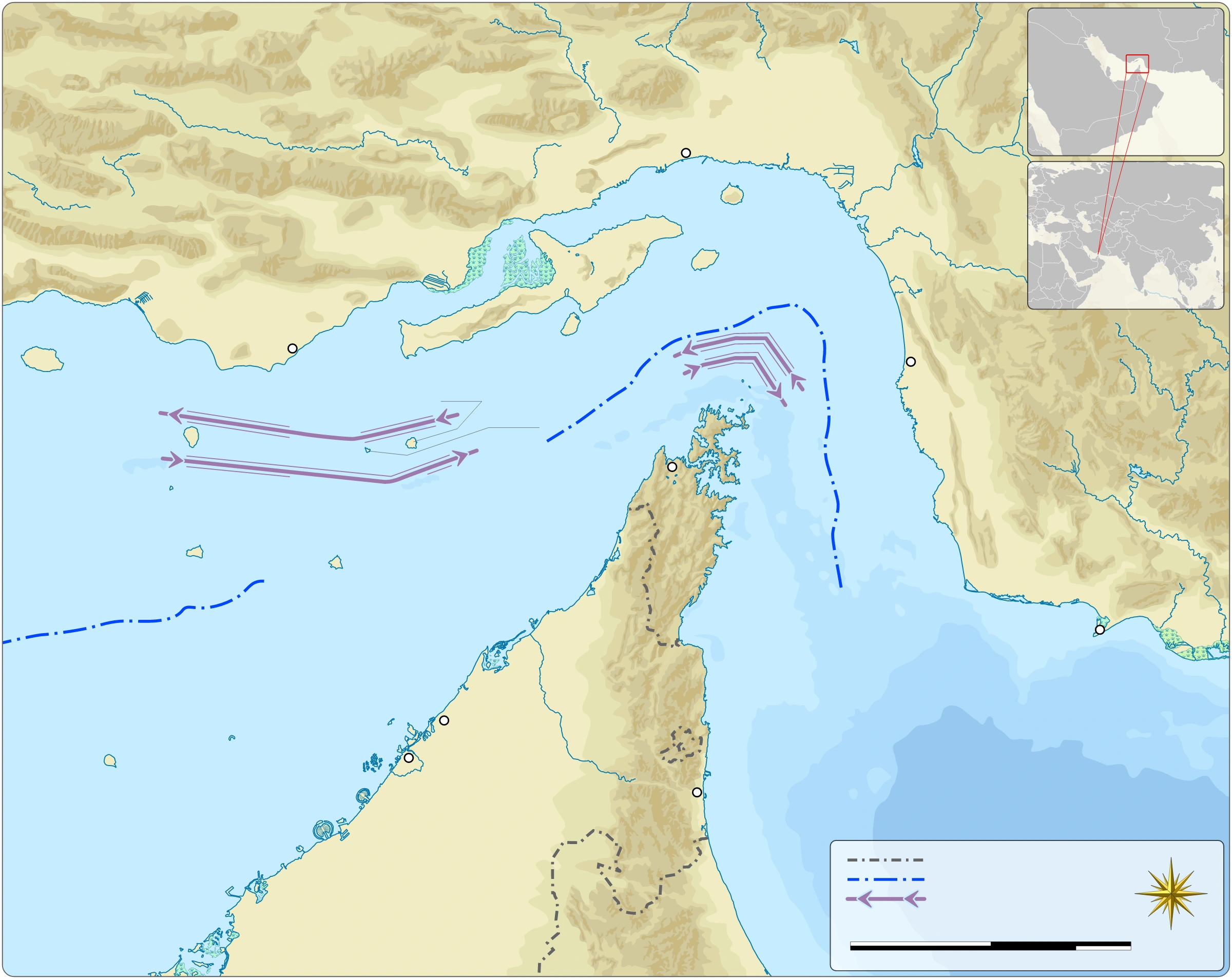 Strait of Hormuz: locate Iran, Oman and the Persian Gulf–Gulf of Oman connection. Geographic context for energy trade, not a current disruption map.