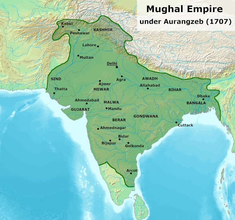 Mughal Empire in 1707 near the end of Aurangzeb’s reign; this is not Babur’s or Akbar’s territorial extent.