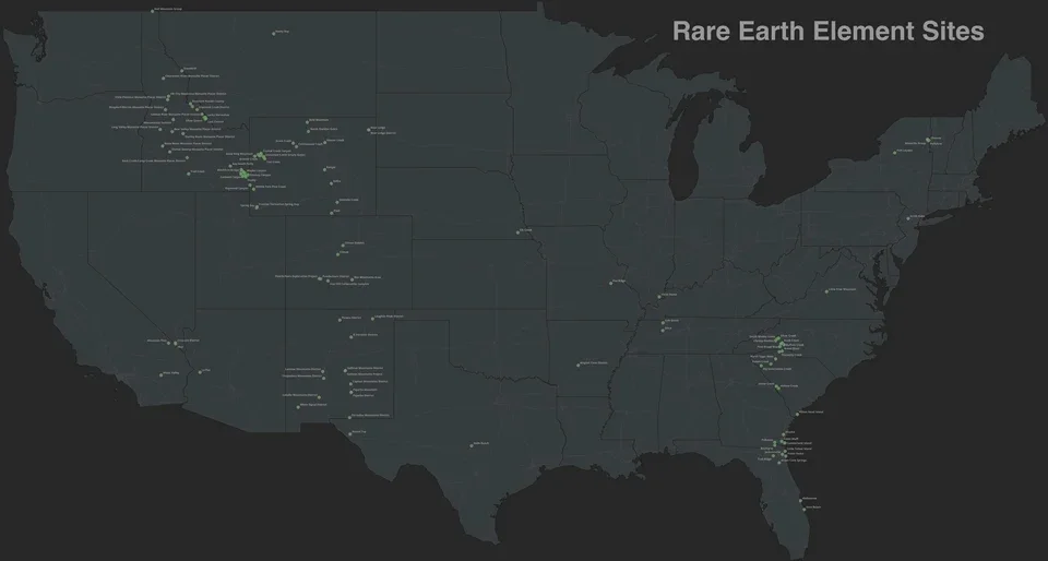 Illustrative rare-earth deposit map; mapped occurrences should not be read as operating mines.