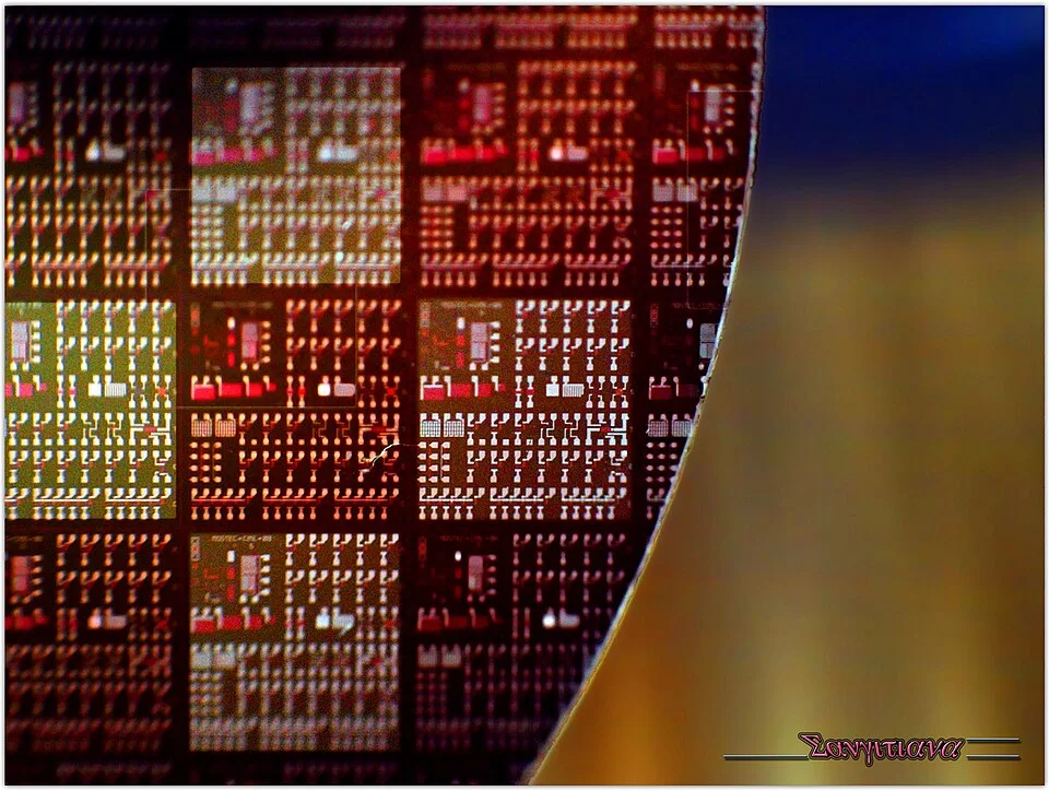 Semiconductor wafer used as a substrate for integrated circuits and other microdevices.