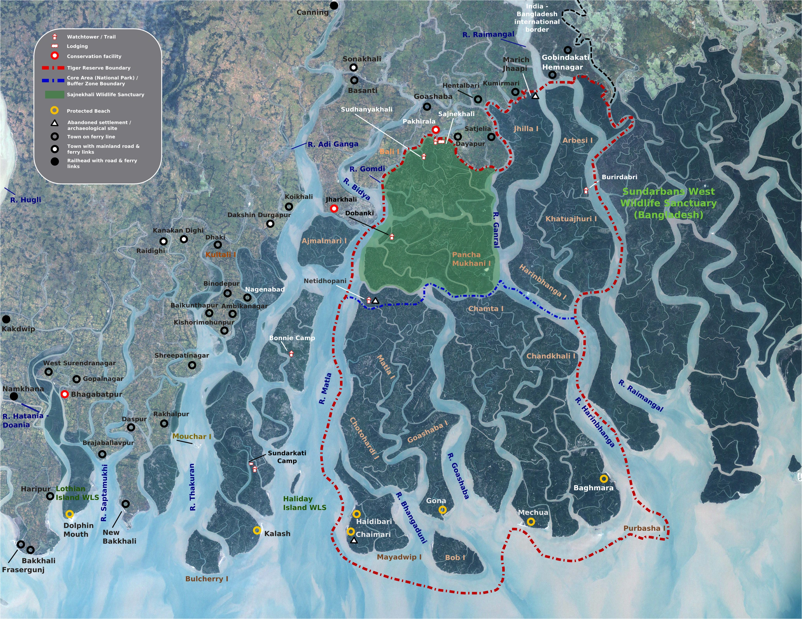 Sundarbans delta: relate distributaries and the Bay of Bengal coast to mangrove habitats. This geographic view is not a complete current protected-area boundary inventory.