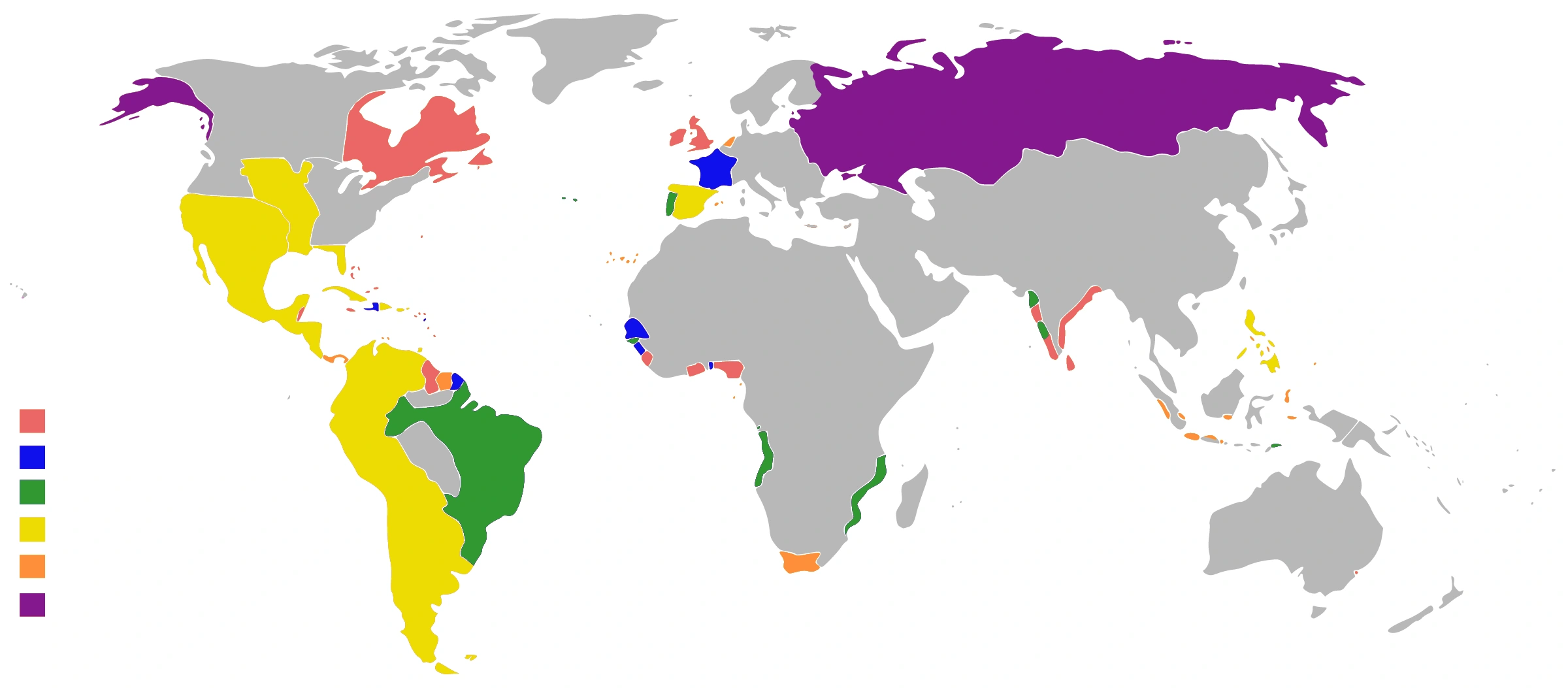 Colonial empires in 1800: global context for European expansion. A date-specific map, not the maximum territorial extent of every colonial power.