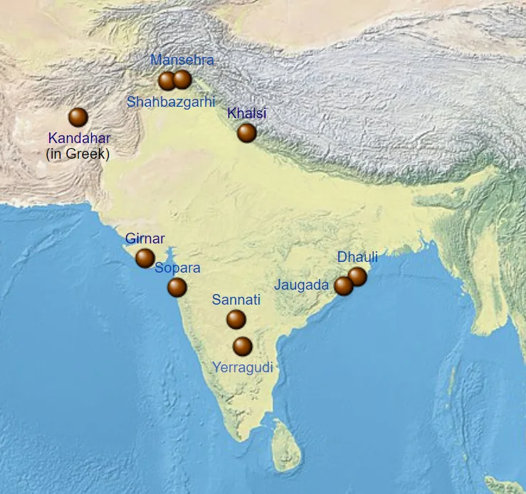 Map of Ashoka’s Major Rock Edicts, illustrating their geographical distribution.