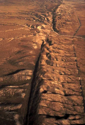 Aerial view of the San Andreas Fault, Carrizo Plain, California—a comparative example of strike-slip faulting.
