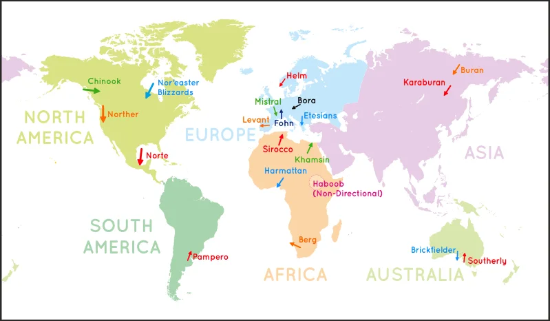 World distribution of local winds: an illustrative geographical reference.
