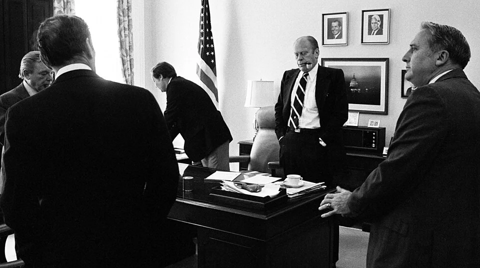 Gerald Ford after pardoning Richard Nixon: a comparative example of executive clemency in the United States.