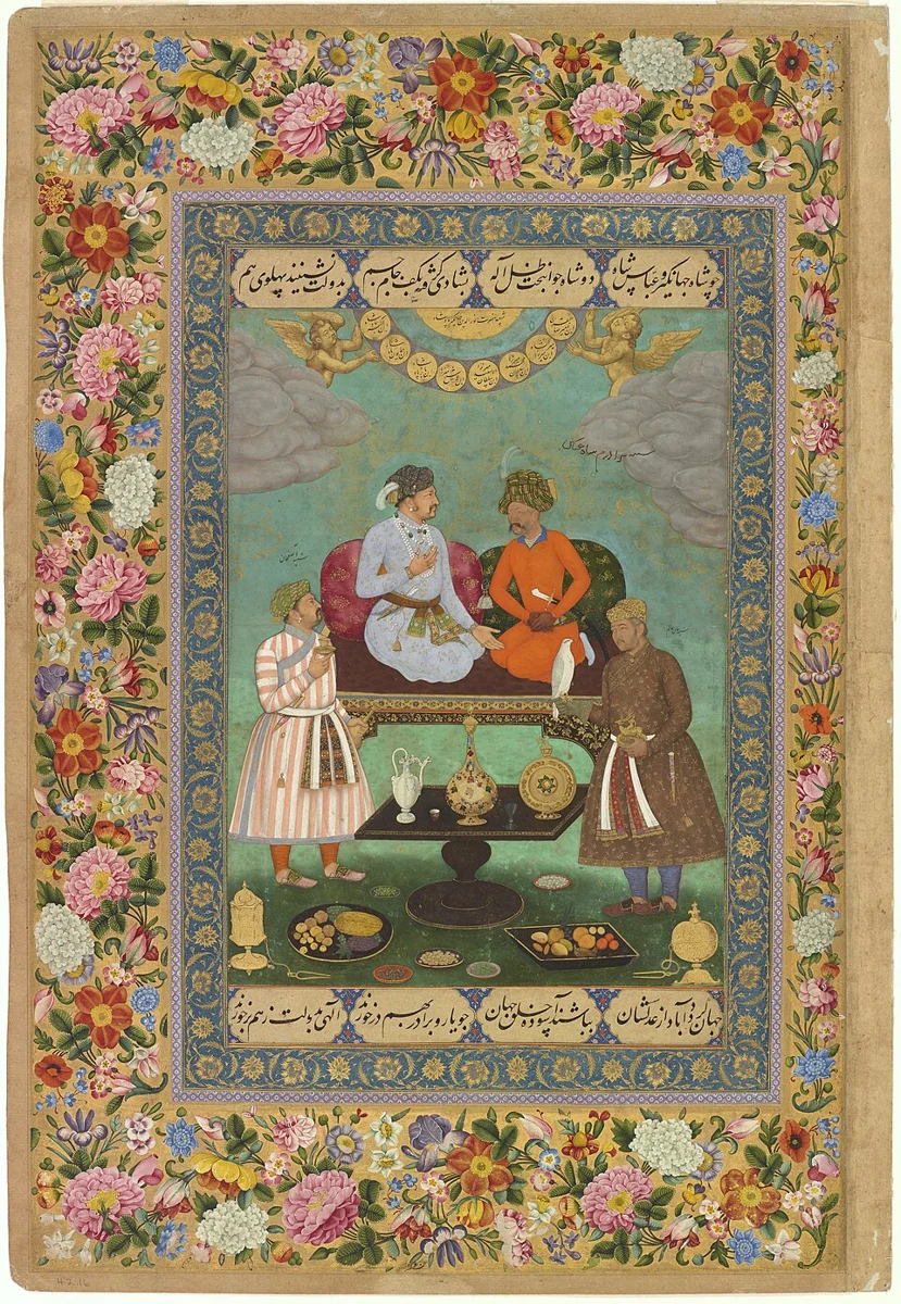 Jahangir welcoming Shah Abbas in an imagined court encounter, circa 1618; Mughal diplomatic imagery.