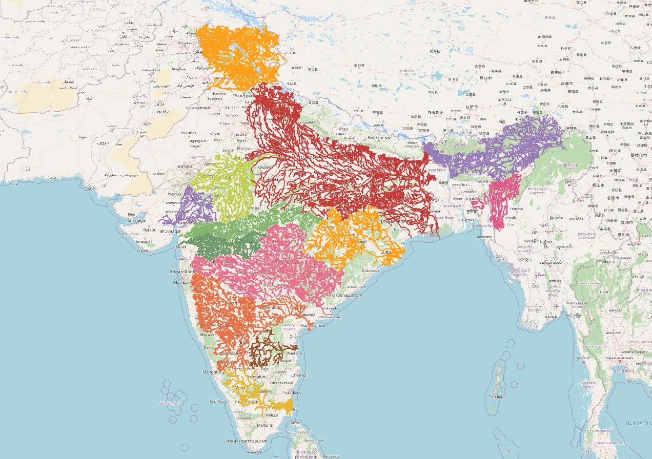 India river basins: distinguish watershed divides from state boundaries; compare east-flowing and west-flowing drainage.