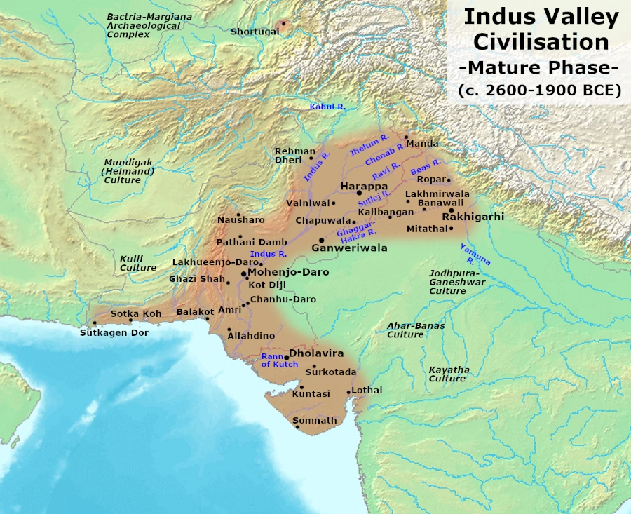Mature Harappan civilisation, c. 2600–1900 BCE: settlement distribution, not the territory of a single empire.