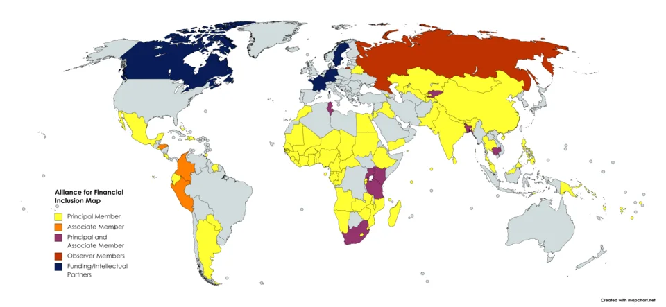 Map of Alliance for Financial Inclusion membership and partnerships, illustrating international policy cooperation.