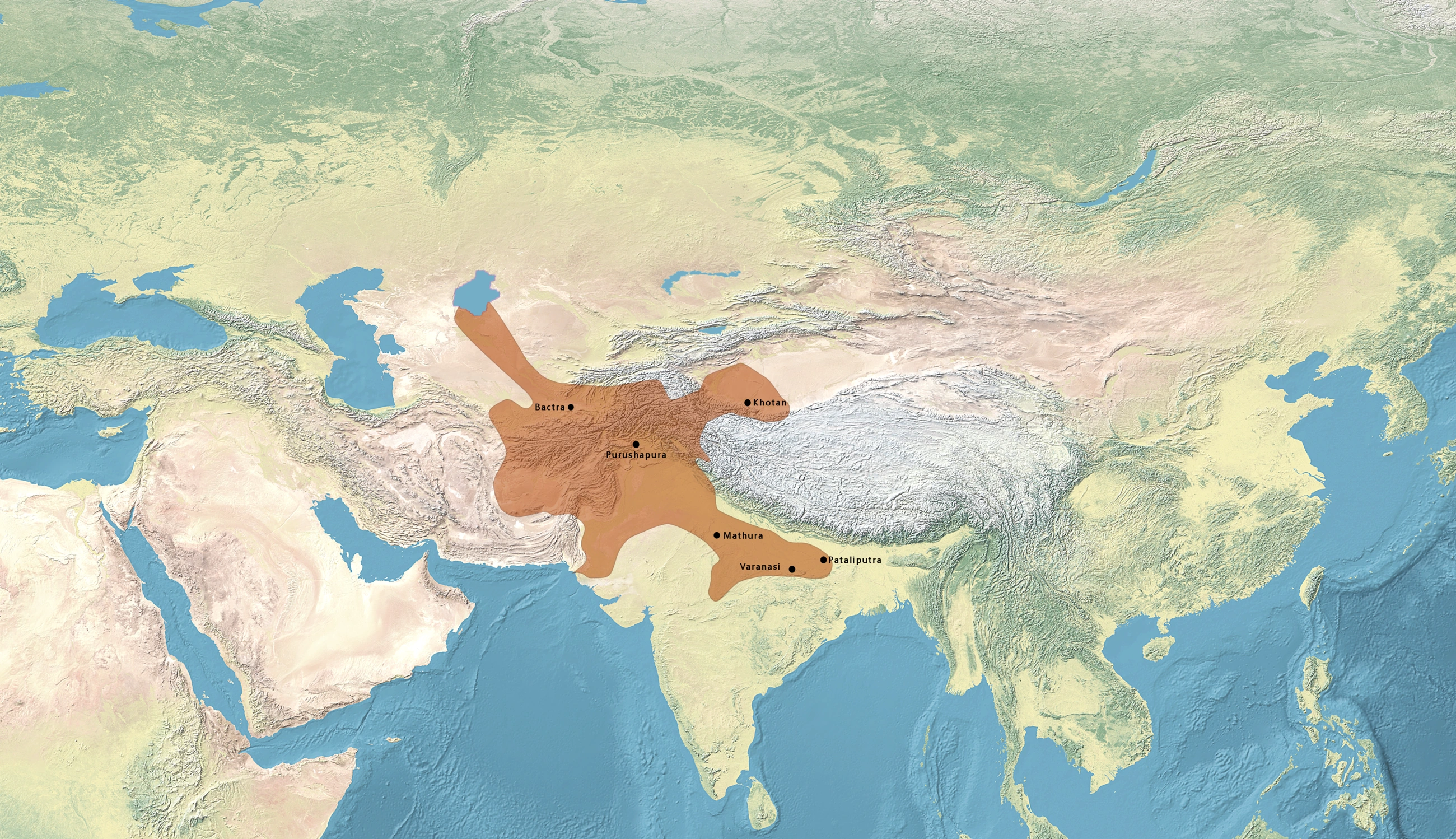 Kushan-era reconstruction: locate Central Asian–northwestern Indian routes. This is not the territorial extent of earlier Indo-Greek or Shaka kingdoms.