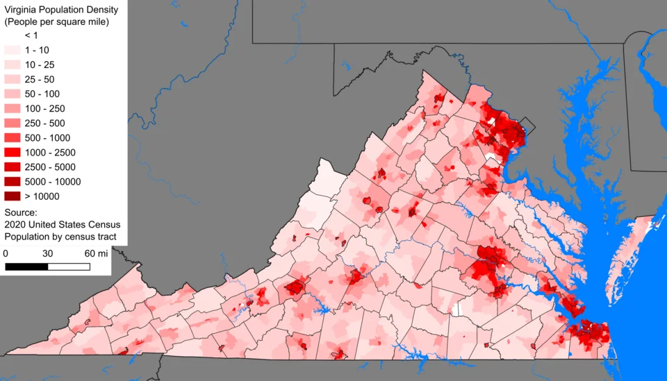 Comparative example: Virginia population density by census tract, based on the 2020 U.S. census.