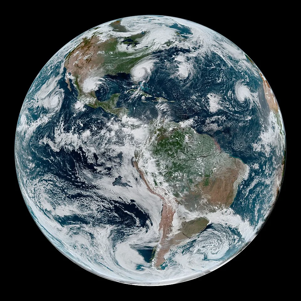 GOES-16-based simulated natural-colour image of Western Hemisphere tropical cyclones, 4 September 2019; a comparative example.