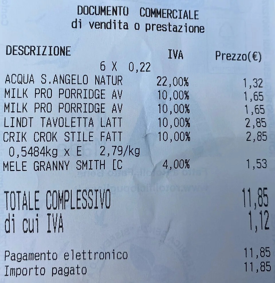 Italian supermarket receipt documenting IVA categories: a comparative illustration of value-added taxation, not Indian GST.