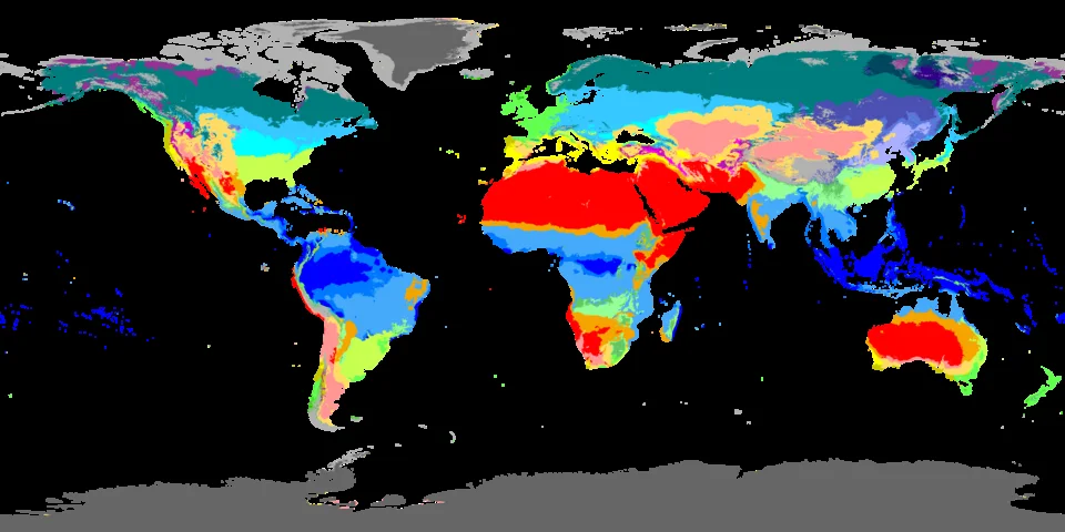 Global Köppen–Geiger climate classification for 1980–2016, presented as a borderless world map.