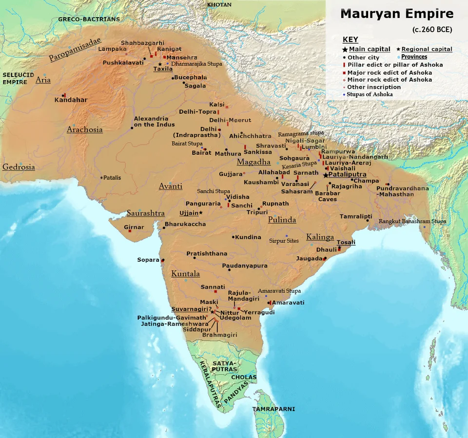 Illustrative reconstruction of Mauryan imperial extent under Ashoka, based on inscriptions and historical sources.