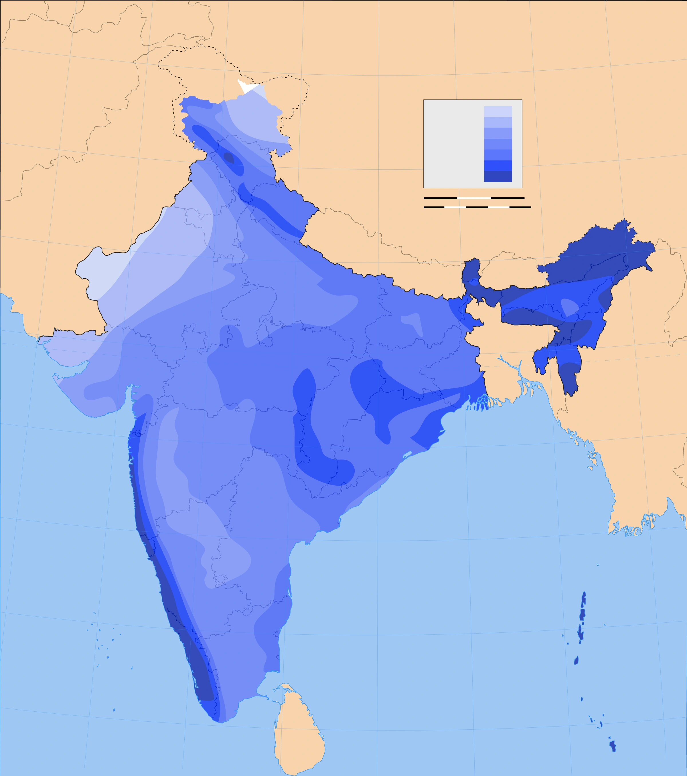 Annual rainfall distribution: compare the western coast and northeast with the dry northwest and rain-shadow interior. Historical climatological reference, not a current-year forecast.