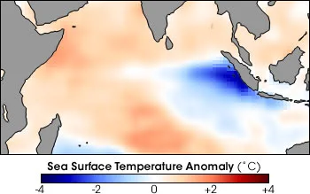 Sea-surface temperature anomalies associated with the November 1997 Indian Ocean Dipole, based on IRI/LDEO data.