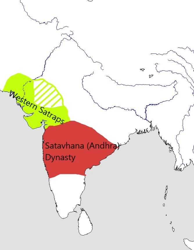 Illustrative map of Satavahana–Saka territorial rivalry; boundaries varied across phases of conflict.