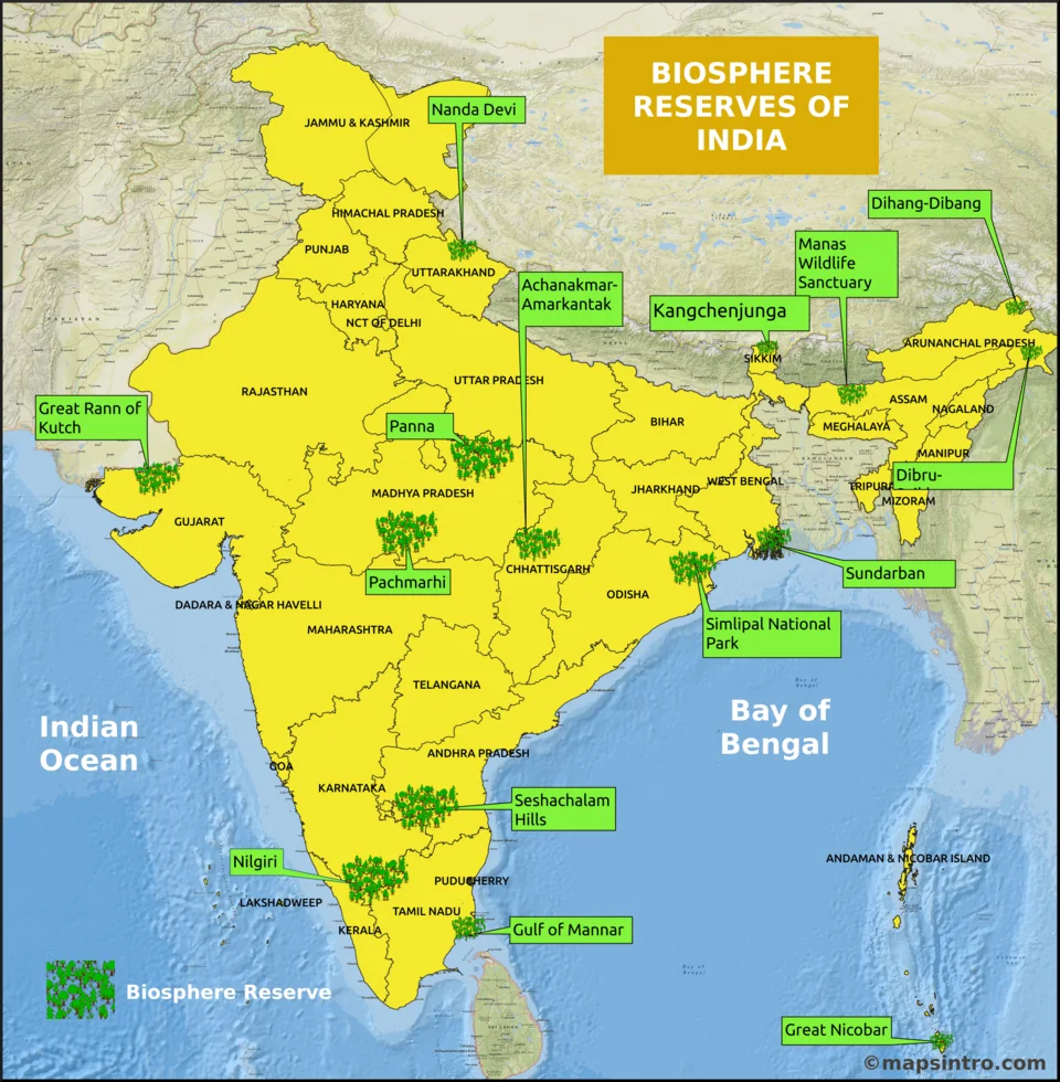 Illustrative map of India’s biosphere reserves; designation counts in the supplied metadata require date-specific verification.