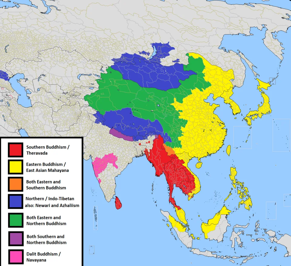 Map of major modern Buddhist traditions, illustrating Theravada’s regional context rather than ancient boundaries.