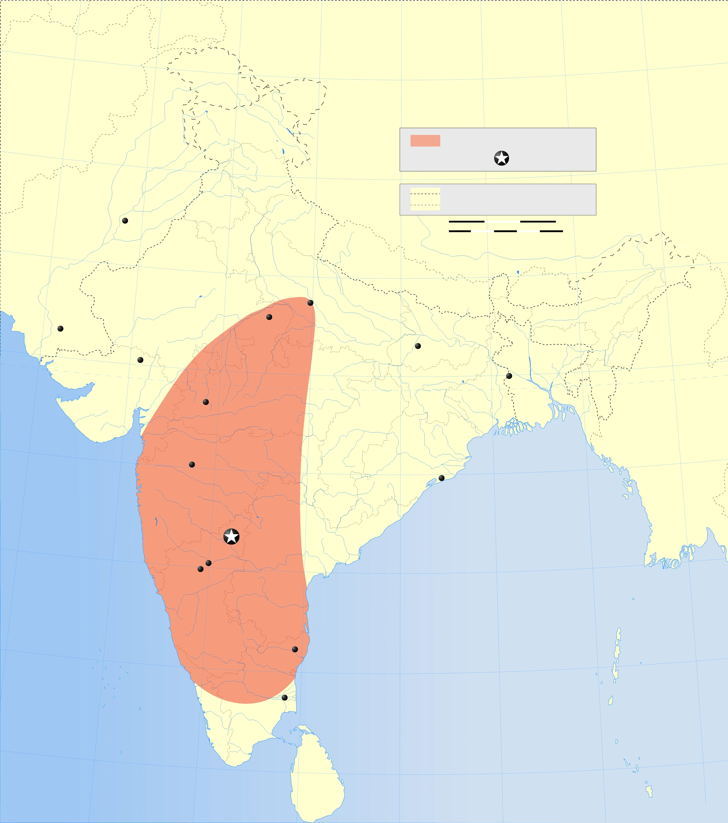 Rashtrakuta Empire: locate the Deccan core and compare northward expansion in this historical reconstruction.