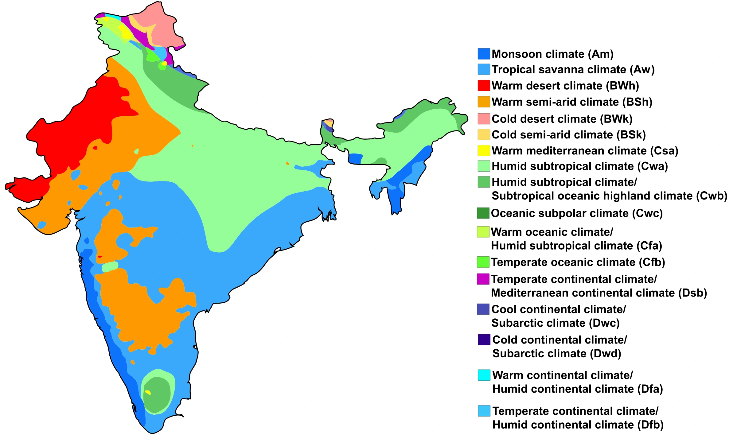 Köppen climate zones of India: compare arid, tropical and mountain classes. Long-term climate classes are not daily weather.