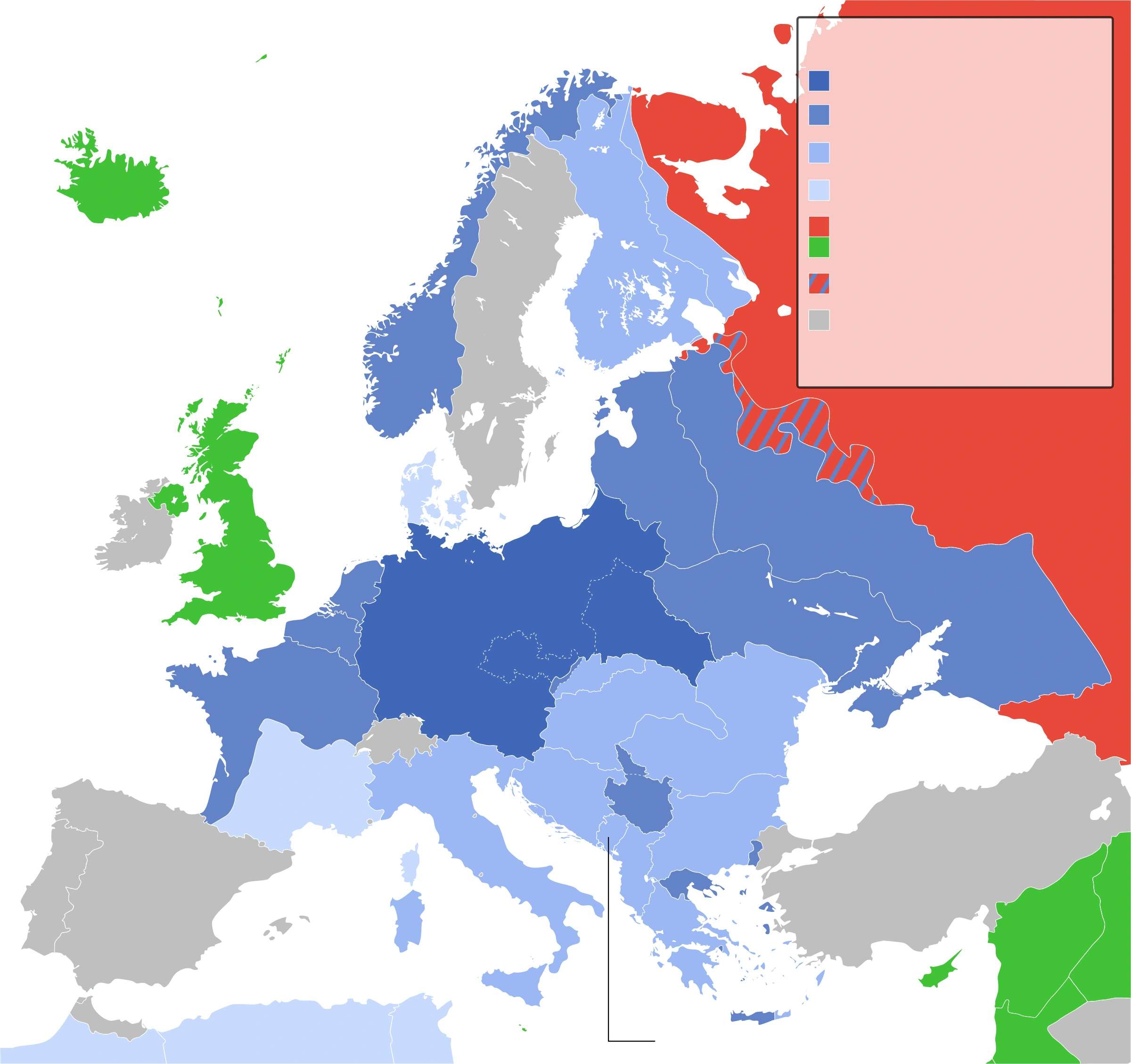 Europe in 1942 during the Second World War: historical context for the postwar UN order; distinguish occupation, alliance and neutrality through the legend.