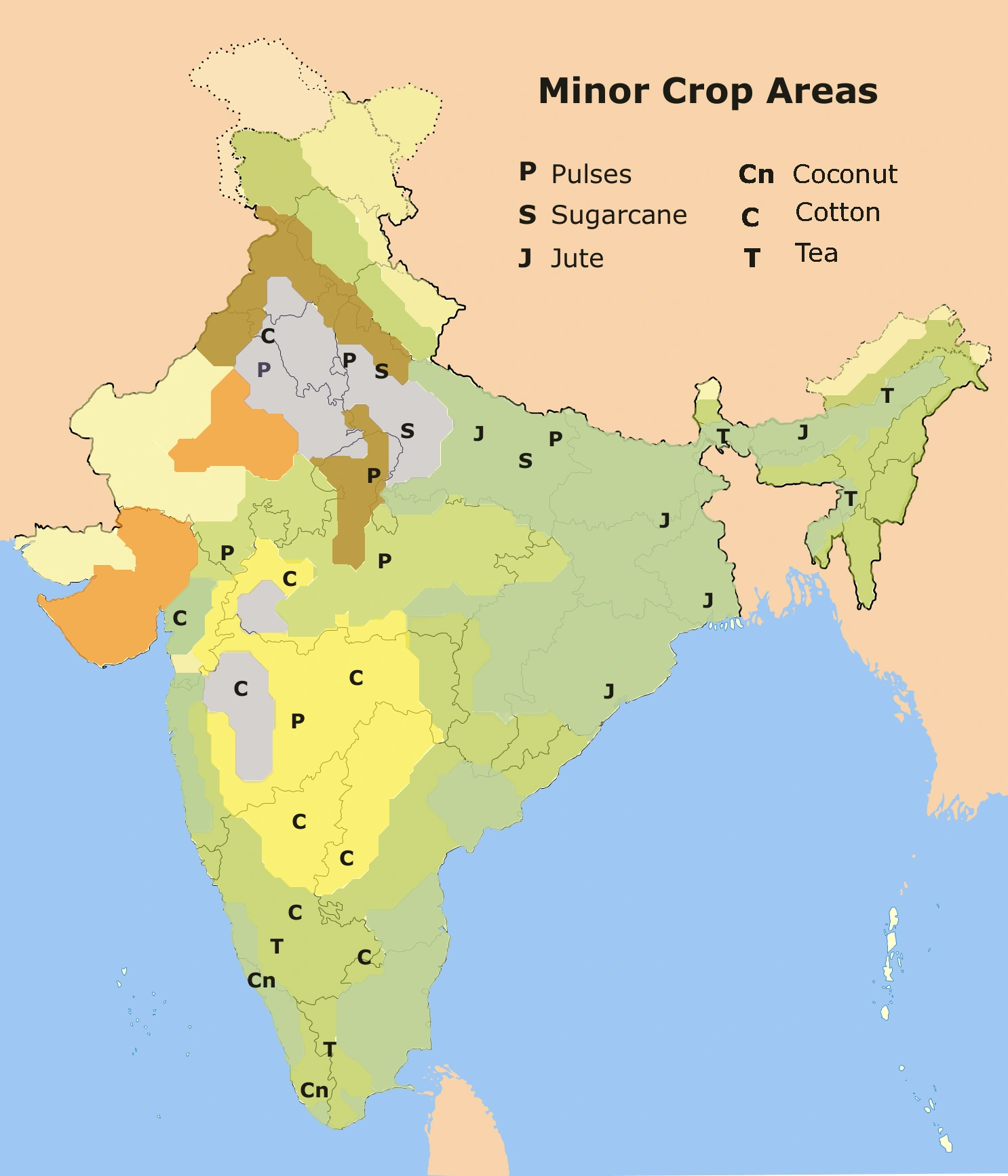 Selected crop regions of India: identify the legend symbols before comparing patterns. Symbols do not imply exclusive growing areas or current production totals.