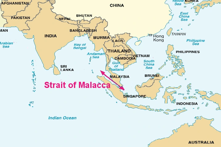 Strait of Malacca between the Malay Peninsula and Sumatra: trace the Indian Ocean–South China Sea shipping connection and its trade significance.