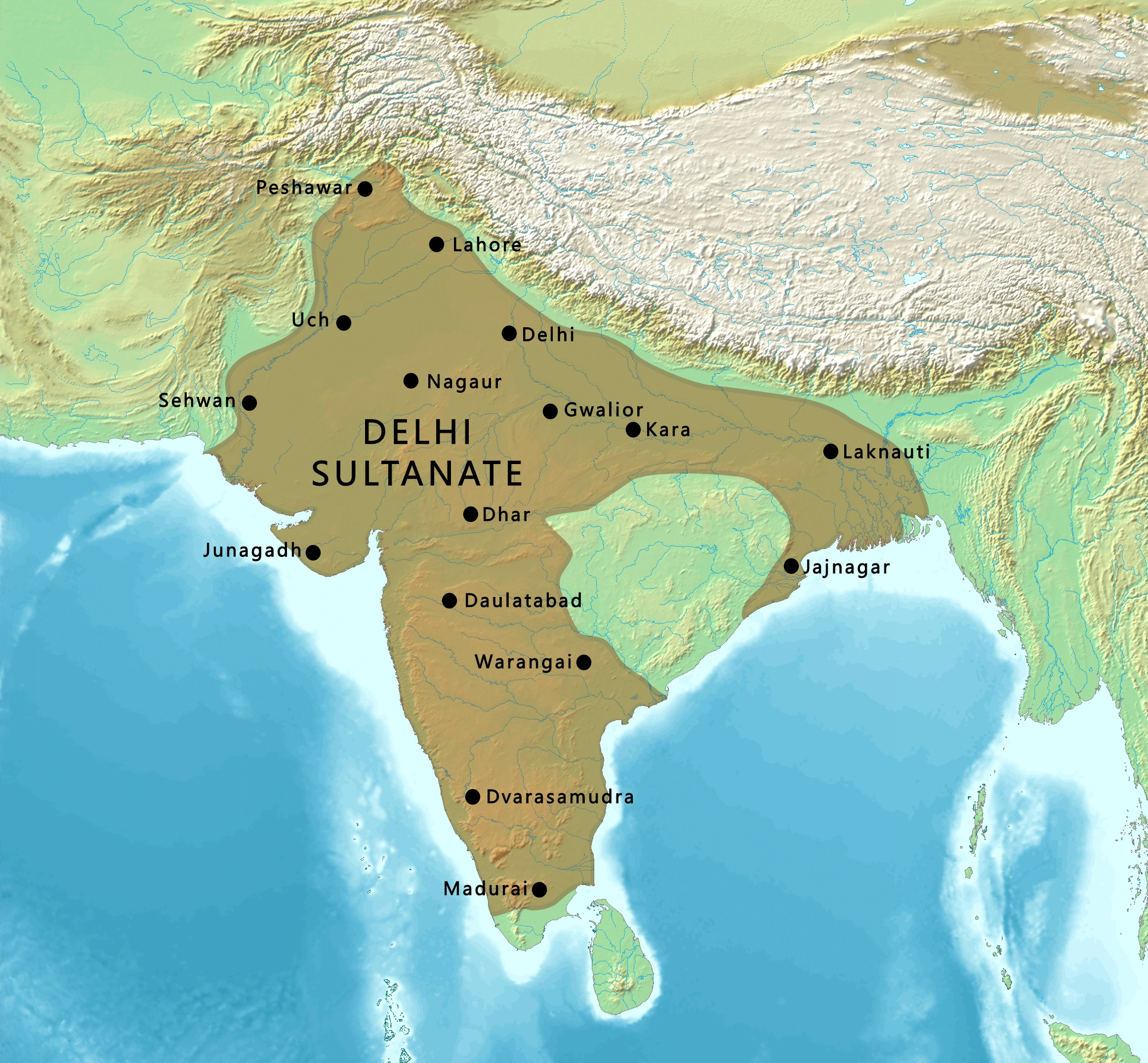 Delhi Sultanate territorial overview: regional orientation, not the exact boundary of every Sultan’s reign.