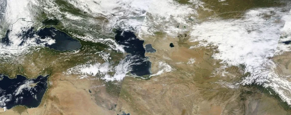 Animation described as tracing a western disturbance eastward from the Black Sea region towards the Indian subcontinent.