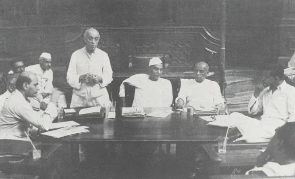 Jawaharlal Nehru addressing a Constituent Assembly committee meeting, New Delhi, 1949, as identified in the supplied metadata.