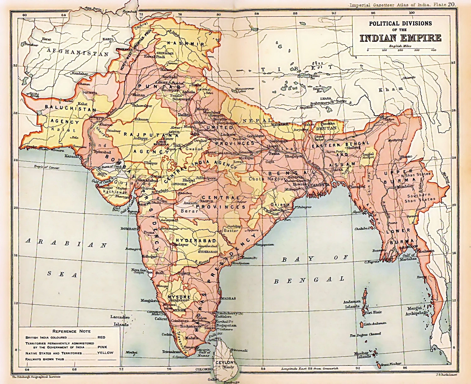 British Indian Empire in 1909: historical provinces and princely states, not contemporary Indian state boundaries.