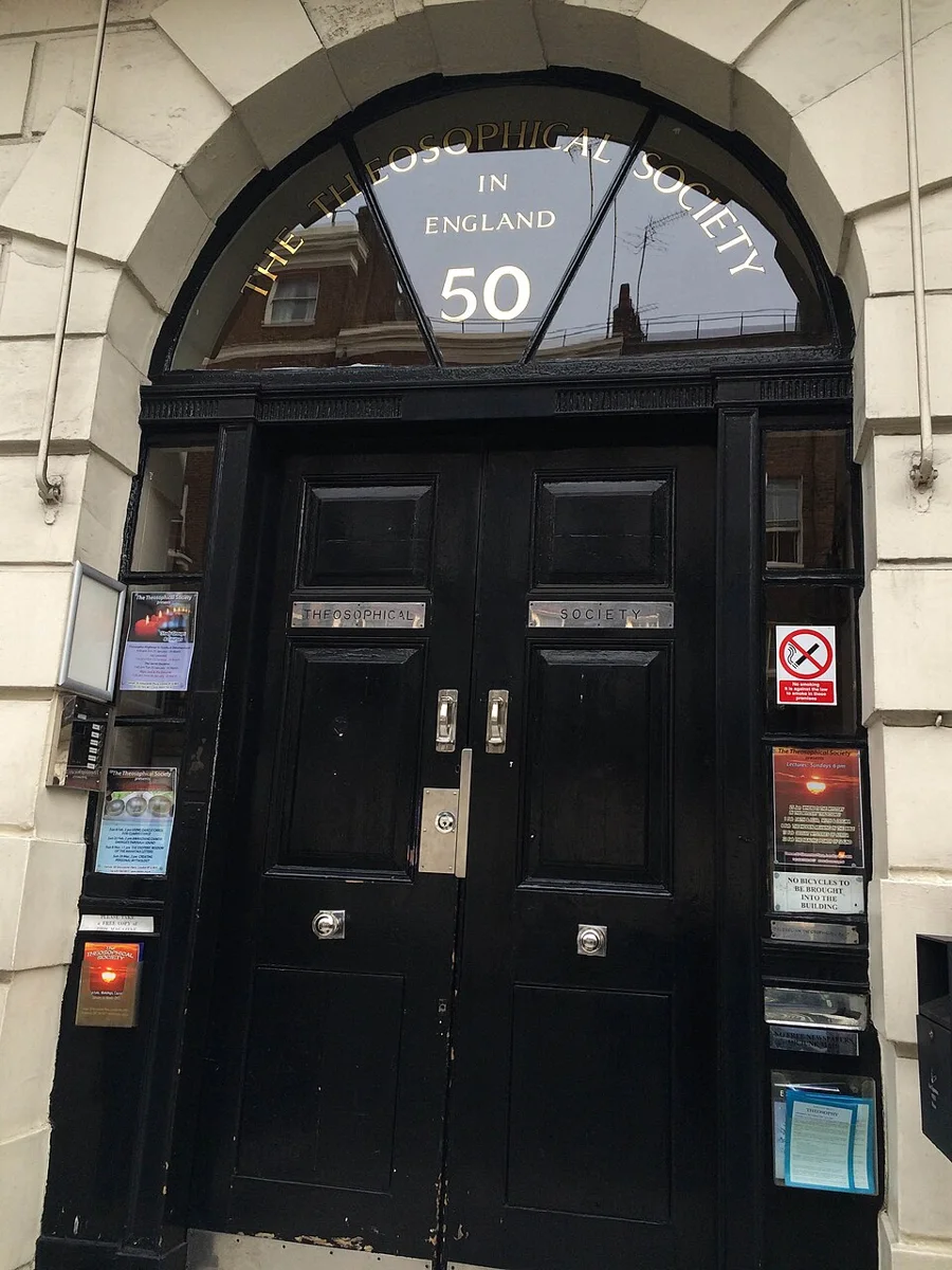 Entrance to the Theosophical Society in London: an international institutional example, not its Indian headquarters.