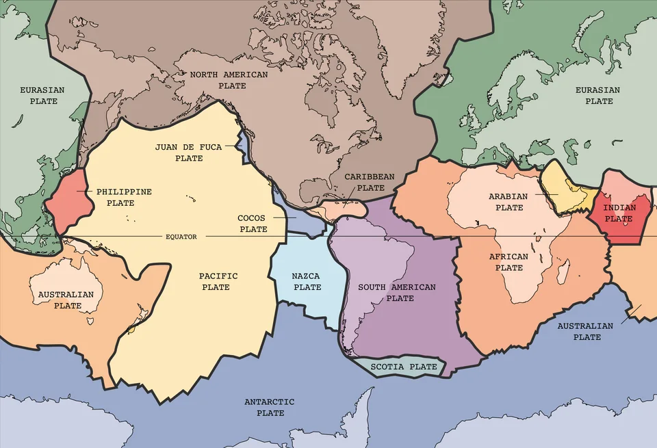 Global tectonic plate map, described in the metadata as derived from a USGS source.