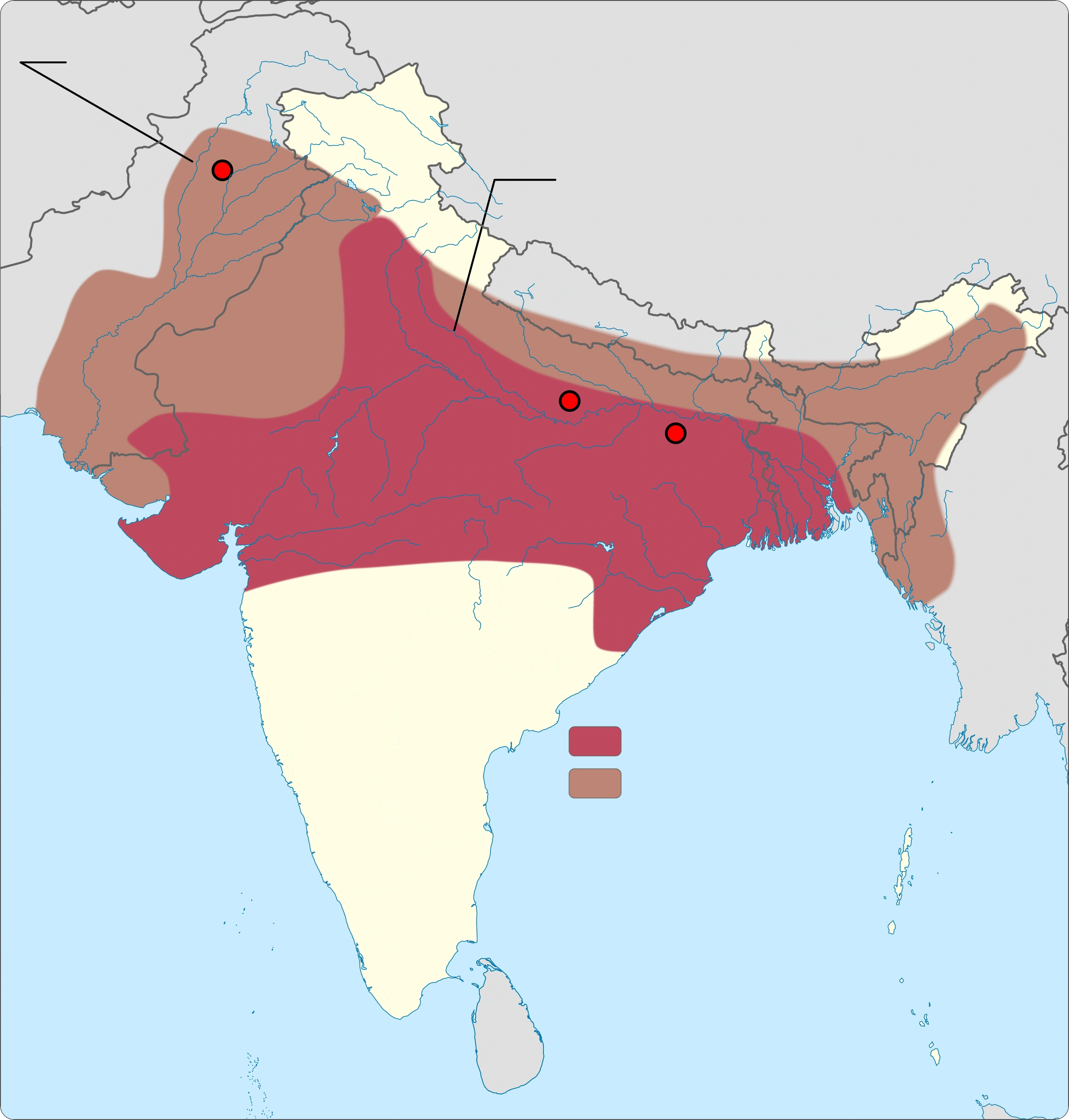 Gupta Empire and tributaries: use the legend to distinguish direct rule from tributary relationships.