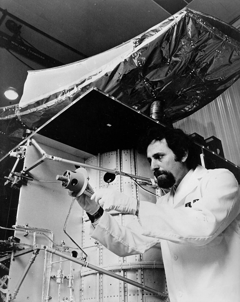 RCA Satcom communications satellite during engineering work; a US example for comparison with Indian systems.