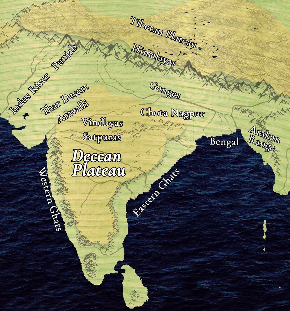 Deccan Plateau: a major southern division of India’s Peninsular Plateau.