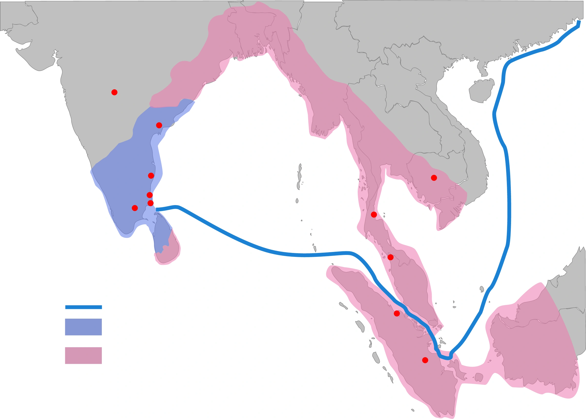 Chola expansion: distinguish mainland territory, subordinate regions and maritime influence through the source legend.