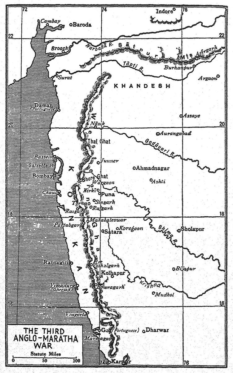 Map of the Third Anglo-Maratha War, illustrating the final phase of British expansion against Maratha powers.