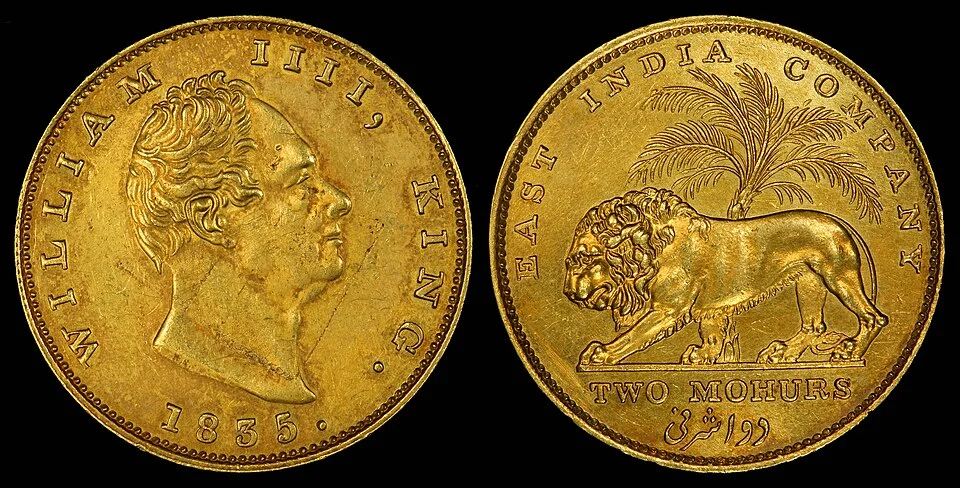 British India two-mohur gold coin, 1835, described as depicting William IV; an illustration of Company-era coinage.