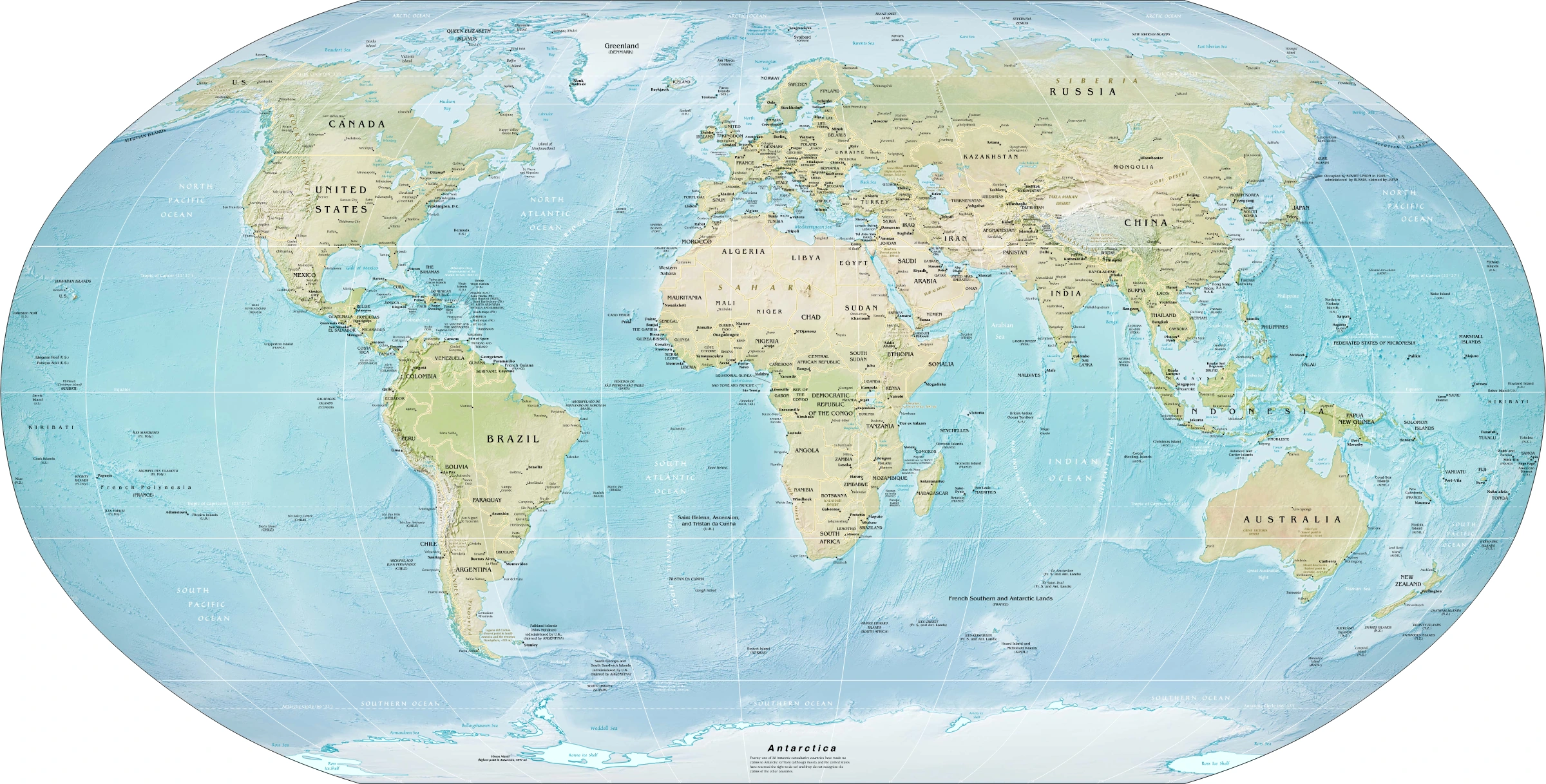 World physical relief: locate major mountain belts, plains and ocean basins. Regional orientation, not a detailed local landform survey.