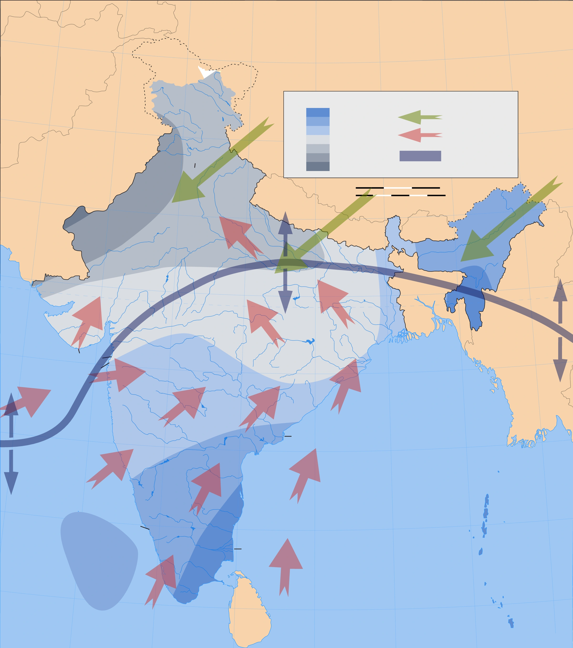Southwest monsoon onset progression in the source reference map. Actual dates vary each year; consult IMD for current onset information.