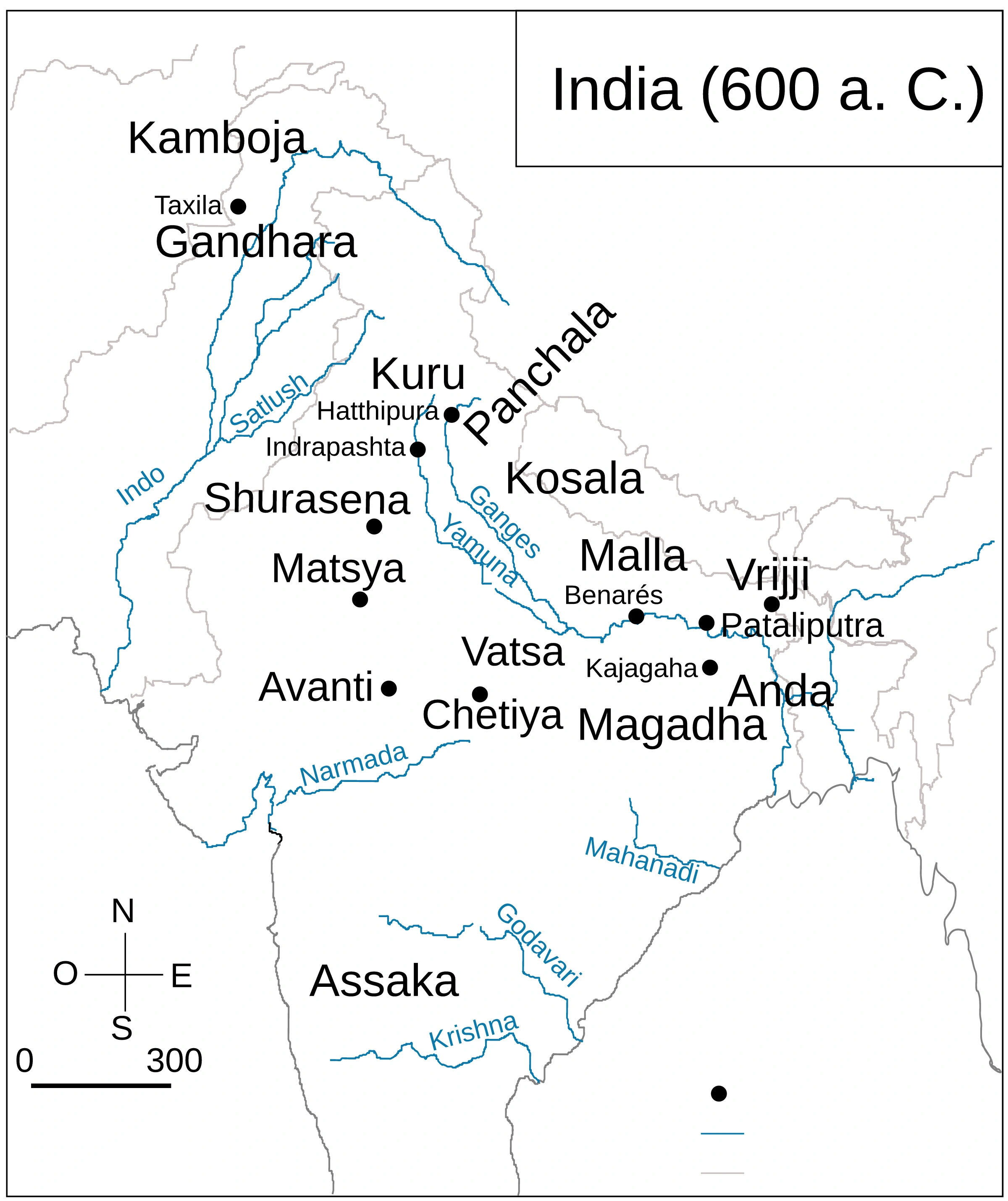 Sixteen Mahajanapadas: approximate ancient regional locations; compare Magadha and the Gangetic cluster with the northwest.