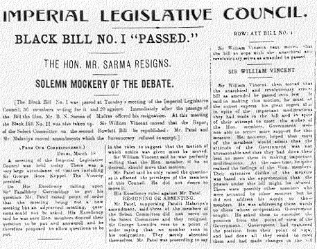 Indian newspaper headlines concerning the Rowlatt Bills, 1919.