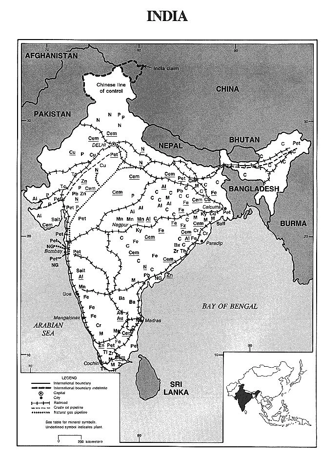 USGS reference map of mineral deposits and mineral industries in India. Historical place names and boundary depiction are retained from the source; not a current official political map, mine inventory or production dataset.