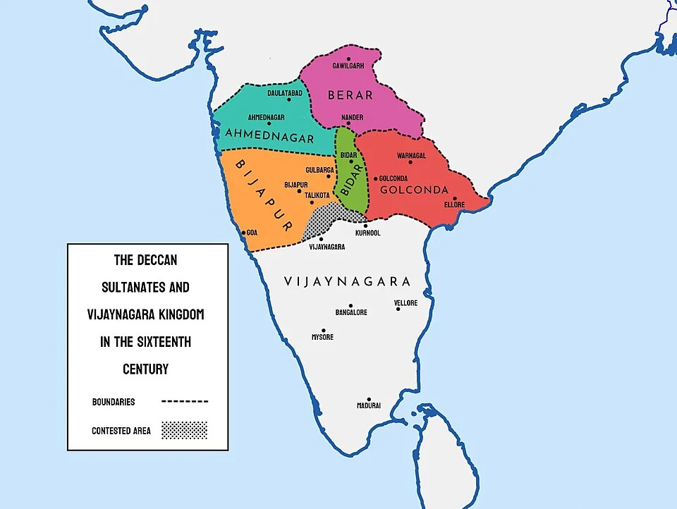 Illustrative map of the Deccan Sultanates and Vijayanagara in the sixteenth century.