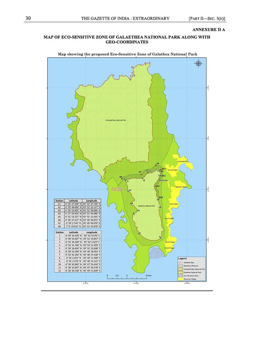 Map identified as showing the proposed eco-sensitive zone around Galathea National Park, Andaman and Nicobar Islands.